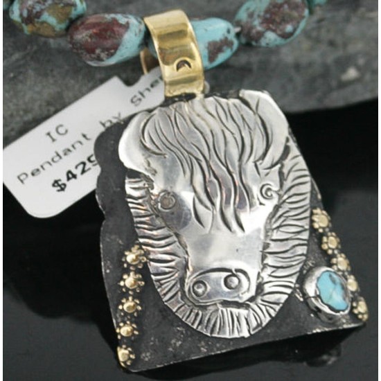 12kt Gold Filled and .925 Sterling Silver Handmade Buffalo Certified Authentic Navajo Turquoise Native American Necklace 390683887327