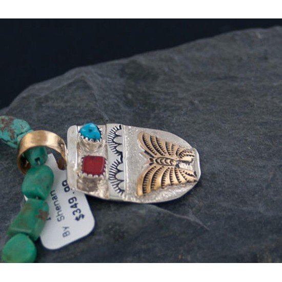 12kt Gold Filled and .925 Sterling Silver Handmade Butterfly Certified Authentic Turquoise and Coral Native American Necklace 390653358196