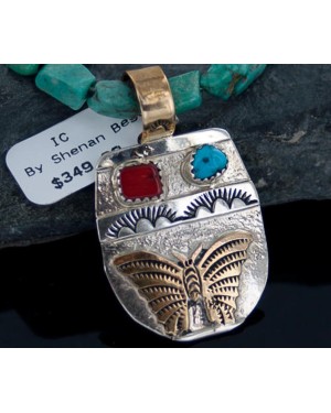 12kt Gold Filled and .925 Sterling Silver Handmade Butterfly Certified Authentic Turquoise and Coral Native American Necklace 390653358196