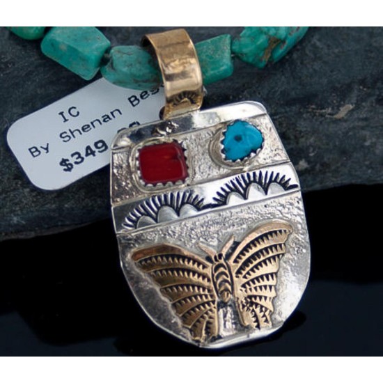 12kt Gold Filled and .925 Sterling Silver Handmade Butterfly Certified Authentic Turquoise and Coral Native American Necklace 390653358196
