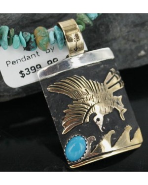 12kt Gold Filled and .925 Sterling Silver Handmade Eagle Certified Authentic Navajo Turquoise Native American Necklace 370911089452