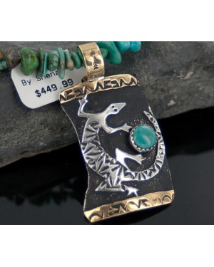 12kt Gold Filled and .925 Sterling Silver Handmade Gecko Certified Authentic Navajo Turquoise Native American Necklace 370895720990