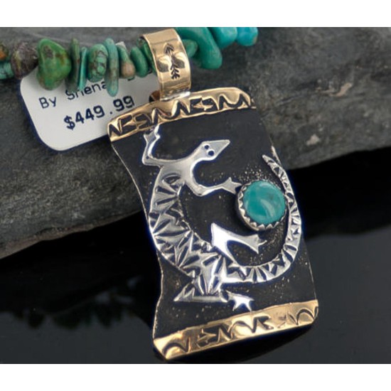 12kt Gold Filled and .925 Sterling Silver Handmade Gecko Certified Authentic Navajo Turquoise Native American Necklace 370895720990