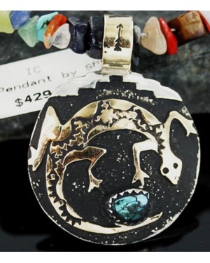 12kt Gold Filled and .925 Sterling Silver Handmade Gecko Certified Authentic Navajo Turquoise Native American Necklace 370901133846