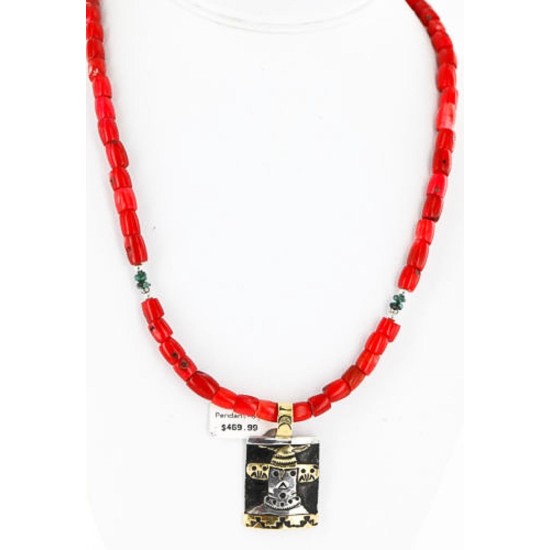 12kt Gold Filled and .925 Sterling Silver HANDMADE KACHINA Certified Authentic Navajo Turquoise and Coral Native American Necklace 371105091230