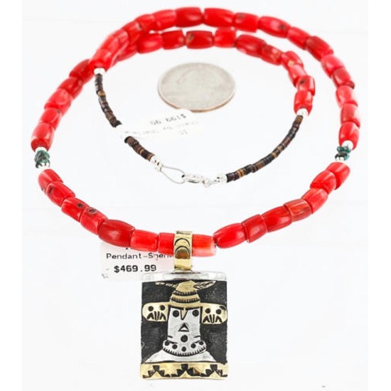 12kt Gold Filled and .925 Sterling Silver HANDMADE KACHINA Certified Authentic Navajo Turquoise and Coral Native American Necklace 371105091230