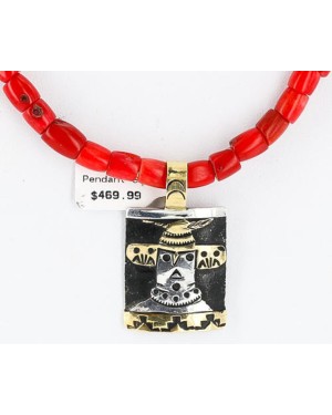 12kt Gold Filled and .925 Sterling Silver HANDMADE KACHINA Certified Authentic Navajo Turquoise and Coral Native American Necklace 371105091230