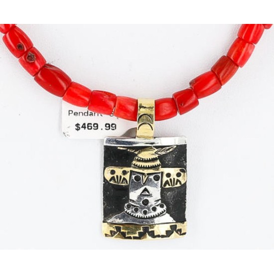 12kt Gold Filled and .925 Sterling Silver HANDMADE KACHINA Certified Authentic Navajo Turquoise and Coral Native American Necklace 371105091230