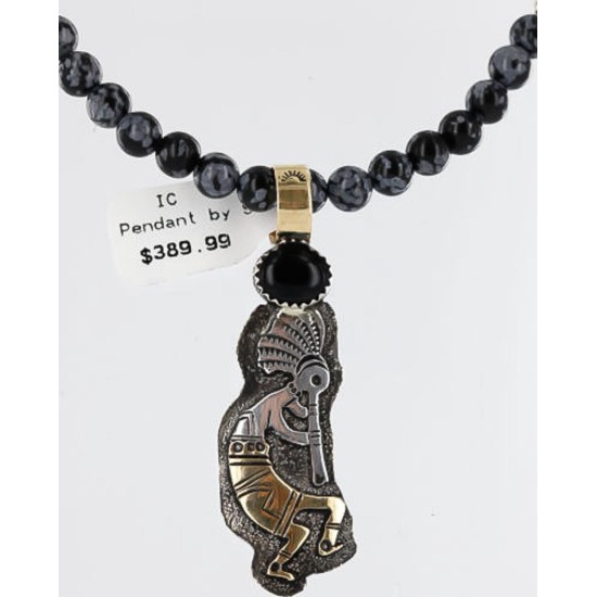12kt Gold Filled and .925 Sterling Silver Handmade KOKOPELI Certified Authentic Navajo Turquoise and Black Onyx Native American Necklace 371003530121