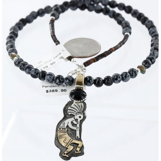 12kt Gold Filled and .925 Sterling Silver Handmade KOKOPELI Certified Authentic Navajo Turquoise and Black Onyx Native American Necklace 371003530121