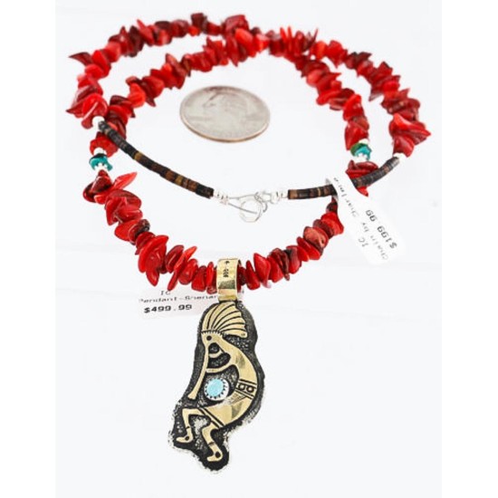 12kt Gold Filled and .925 Sterling Silver HANDMADE KOKOPELLI Certified Authentic Navajo Turquoise and Coral Native American Necklace 371115338102