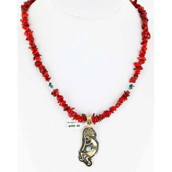 12kt Gold Filled and .925 Sterling Silver HANDMADE KOKOPELLI Certified Authentic Navajo Turquoise and Coral Native American Necklace 371115338102