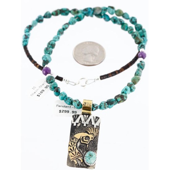 12kt Gold Filled and .925 Sterling Silver Handmade KOKOPELLI Certified Authentic Navajo Turquoise Native American Necklace 371009784944