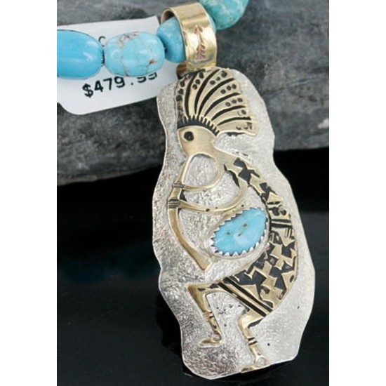 12kt Gold Filled and .925 Sterling Silver Handmade KOKOPELLI Certified Authentic Navajo Turquoise Native American Necklace 390668153622