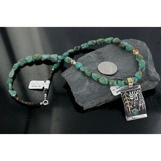 12kt Gold Filled and .925 Sterling Silver Handmade KOKOPELLI Certified Authentic Navajo Turquoise Native American Necklace 390673065306