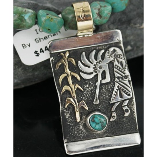 12kt Gold Filled and .925 Sterling Silver Handmade KOKOPELLI Certified Authentic Navajo Turquoise Native American Necklace 390673065306