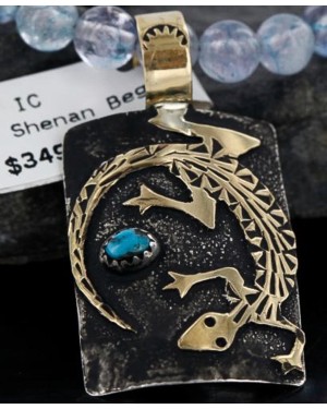 12kt Gold Filled and .925 Sterling Silver Handmade Lizard Certified Authentic Navajo Turquoise Native American Necklace 390738864747