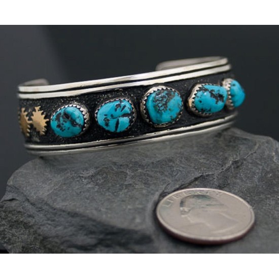 12kt Gold Filled and .925 Sterling Silver Handmade Star Certified Authentic Navajo Turquoise Native American Bracelet 370915686318