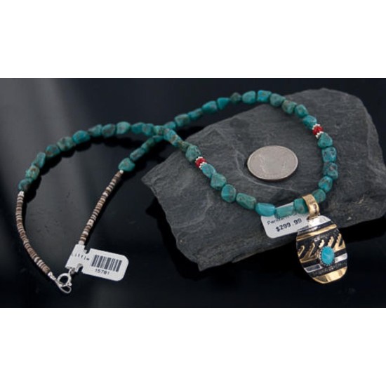 12kt Gold Filled and .925 Sterling Silver Handmade Wave Certified Authentic Navajo Turquoise Native American Necklace 390654545702