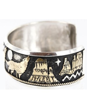 12kt Gold Filled and .925 Sterling Silver Handmade WOLF and MOUNTAIN Certified Authentic Navajo Native American Bracelet 371011763011