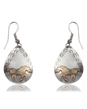 12kt Gold Filled and .925 Sterling Silver Horse and Mountain Handmade Certified Authentic Navajo Dangle Native American Earrings 24465