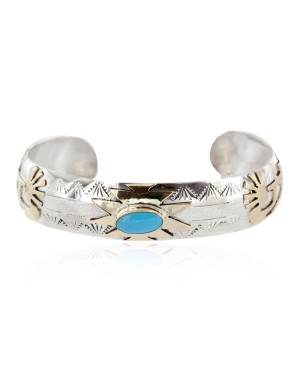 12kt Gold Filled and .925 Sterling Silver Kokopelli Certified Authentic Handmade Navajo Natural Turquoise Native American Bracelet 12966