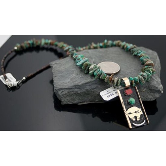 12kt Gold Filled, Handmade Bear Arrow Turquoise .925 Sterling Silver Certified Authentic Navajo 521 Native American Necklace 390576104133