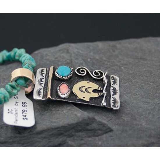 12kt Gold Filled, Handmade Bear Turquoise Spiny Oyster and .925 Sterling Silver Certified Authentic Navajo 386 Native American Necklace 370799144128