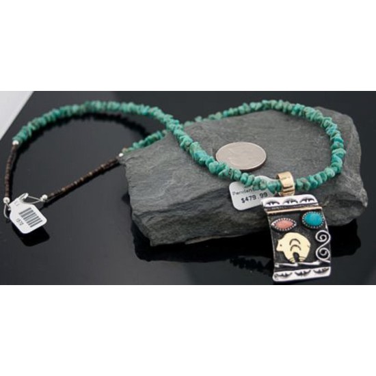 12kt Gold Filled, Handmade Bear Turquoise Spiny Oyster and .925 Sterling Silver Certified Authentic Navajo 386 Native American Necklace 370799144128