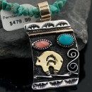 12kt Gold Filled, Handmade Bear Turquoise Spiny Oyster and .925 Sterling Silver Navajo 386 Native American Necklace 370799144128