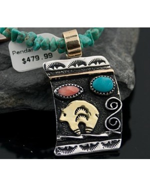 12kt Gold Filled, Handmade Bear Turquoise Spiny Oyster and .925 Sterling Silver Certified Authentic Navajo 386 Native American Necklace 370799144128
