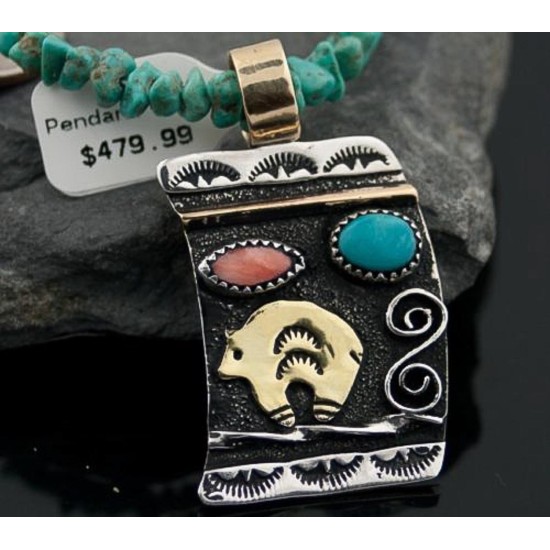 12kt Gold Filled, Handmade Bear Turquoise Spiny Oyster and .925 Sterling Silver Certified Authentic Navajo 386 Native American Necklace 370799144128