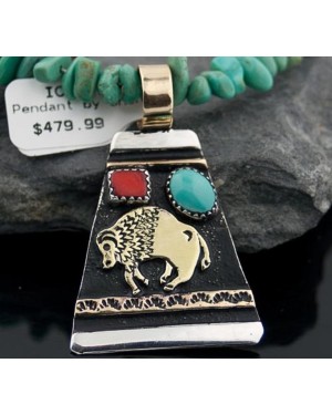 12kt Gold Filled Handmade Buffalo, Turquoise, .925 Sterling Silver Certified Authentic Navajo Native American Necklace 390576057797