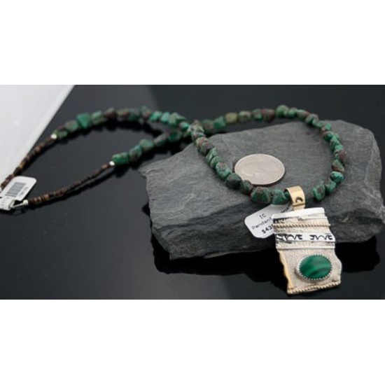 12kt Gold Filled Handmade Certified Authentic .925 Sterling Silver Navajo Natural Malachite and Turquoise Native American Necklace 390614969457