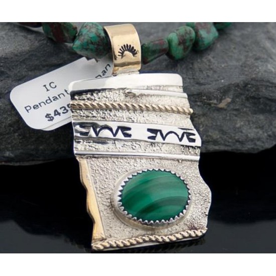 12kt Gold Filled Handmade Certified Authentic .925 Sterling Silver Navajo Natural Malachite and Turquoise Native American Necklace 390614969457