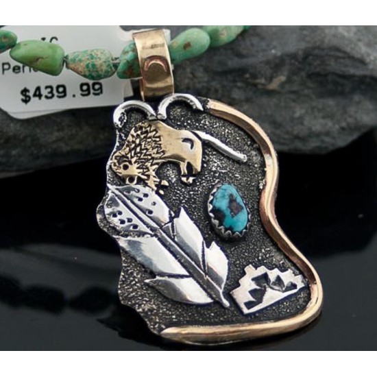12kt Gold Filled Handmade Feather Buffalo Turquoise .925 Sterling Silver Certified Authentic Navajo Native American Necklace 390602270087