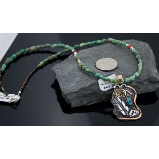 12kt Gold Filled Handmade Feather Buffalo Turquoise .925 Sterling Silver Certified Authentic Navajo Native American Necklace 390602270087