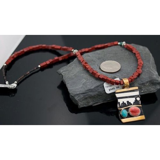 12kt Gold Filled Handmade Mountain Certified Authentic .925 Sterling Silver Navajo Spiny Oyster and Turquoise Native American Necklace 390613417496