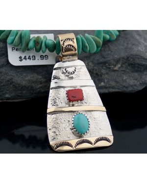 12kt Gold Filled, Handmade Sun, Coral, Turquoise .925 Sterling Silver Certified Authentic Navajo 239 Native American Necklace 390615942430