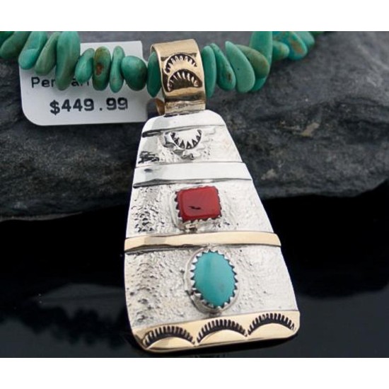 12kt Gold Filled, Handmade Sun, Coral, Turquoise .925 Sterling Silver Certified Authentic Navajo 239 Native American Necklace 390615942430