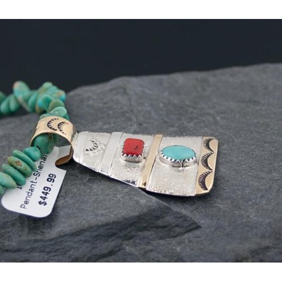 12kt Gold Filled, Handmade Sun, Coral, Turquoise .925 Sterling Silver Certified Authentic Navajo 239 Native American Necklace 390615942430