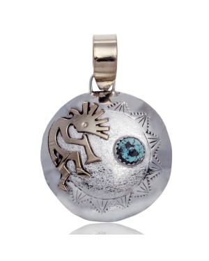 12kt Gold Filled and .925 Sterling Silver Kokopelli Handmade Navajo Certified Authentic Natural Turquoise Native American Pendant 13118