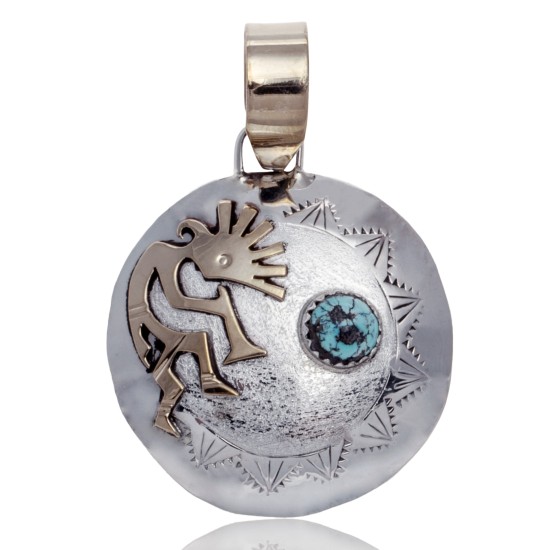 12kt Gold Filled and .925 Sterling Silver Kokopelli Handmade Navajo Certified Authentic Natural Turquoise Native American Pendant 13118
