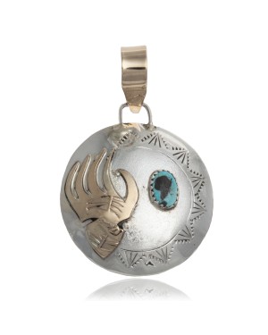 12kt Gold Filled and .925 Sterling Silver Certified Authentic Bear Paw Handmade Navajo Natural Turquoise Native American Pendant 17041-4