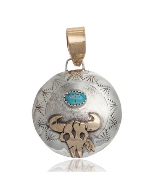 12kt Gold Filled and .925 Sterling Silver Certified Authentic Bull Skull Handmade Navajo Natural Turquoise Native American Pendant 17044-2
