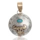 12kt Gold Filled and .925 Sterling Silver Certified Authentic Bull Skull Handmade Navajo Natural Turquoise Native American Pendant 17044-2