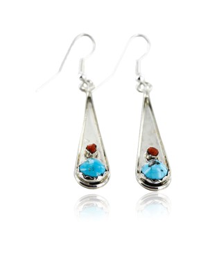 $180 Certified Authentic Navajo .925 Sterling Silver Natural Turquoise Coral Native American Earrings 18079-3