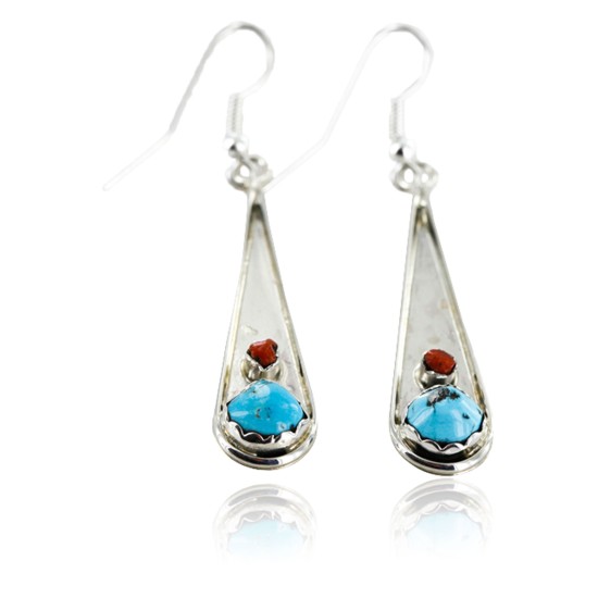 $180 Certified Authentic Navajo .925 Sterling Silver Natural Turquoise Coral Native American Earrings 18079-3