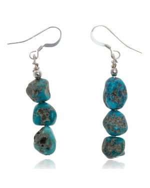 Natural Turquoise .925 Sterling Silver Hooks Certified Authentic Navajo Native American Dangle Hook Earrings 27276