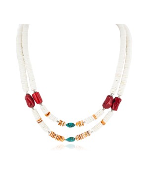2 Strand .925 Sterling Silver Navajo Certified Authentic Natural Turquoise Graduated Heishi Coral Native American Necklace  95007-1